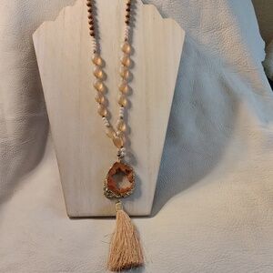 Druzy Agate with tassel wood beads peach colored beads & crystal beads